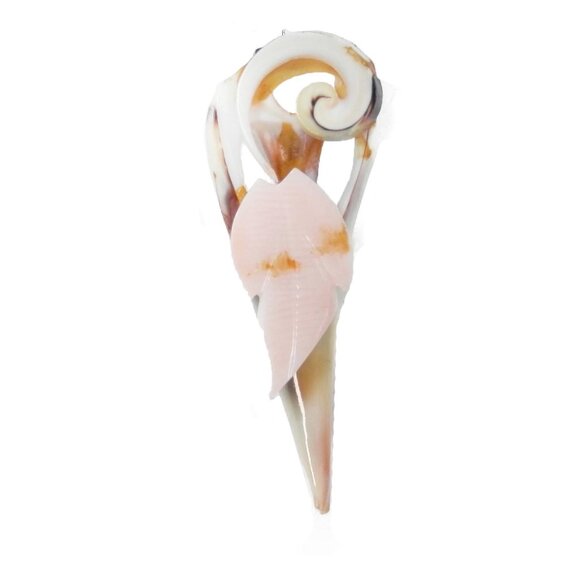 Small Carved Whelk Shell Pin Leaf Spiral Brown Pink Slice Beach Nature Swirl - Picture 1 of 4